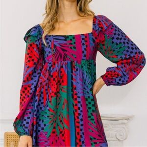 Tropical Leaves Print Dress Plus Size 3x Baby Doll Mini Marron Blue NEW